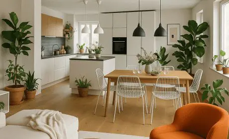 Cuisine et salon d’un appartement neuf de la Résidence La Bastide à Ifs