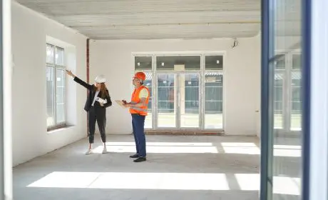 Deux professionnels échangeant sur un chantier immobilier neuf de 3J Promotion