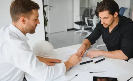 Échanges professionnels entre deux hommes dans le cadre d’un programme immobilier de 3J Promotion.