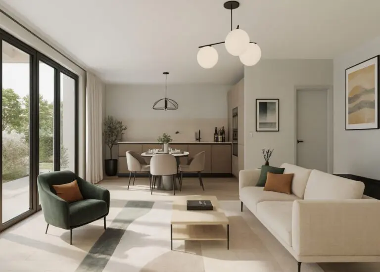 Séjour lumineux avec cuisine ouverte dans un appartement dans la résidence la Bastide à Ifs, intérieur contemporain avec grandes baies vitrées.