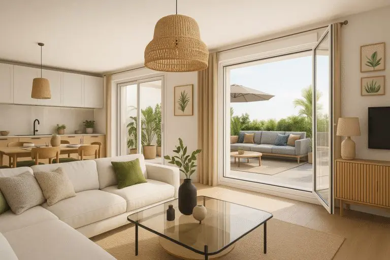 Séjour lumineux avec terrasse dans un appartement neuf aux Terrasses de l’Orne à Mondeville.