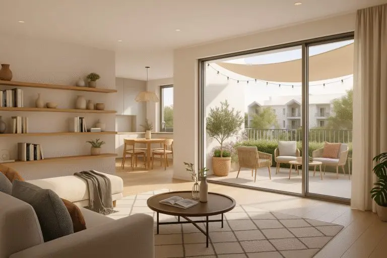 Salon lumineux d’un appartement neuf en VEFA dans la résidence Villa st clair à Hérouville-Saint-Clair, avec séjour ouvert, grandes baies vitrées et terrasse aménagée, programme immobilier 3J Promotion