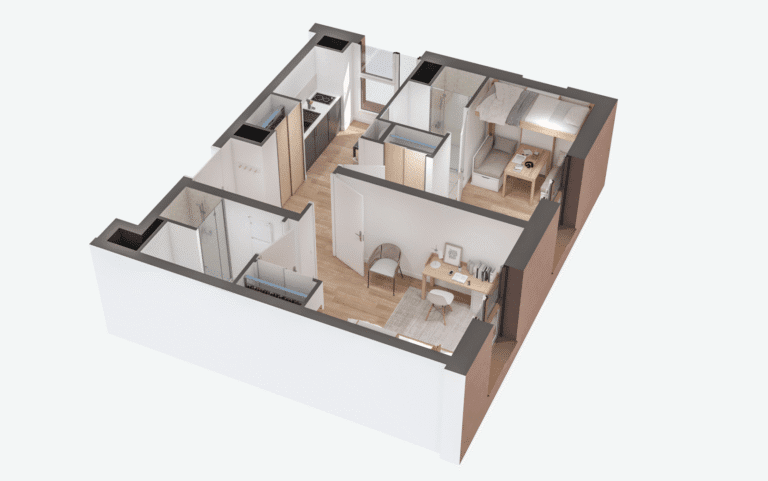 Plan 2D d’une chambre étudiante meublée dans la résidence Caen Pulse à Caen